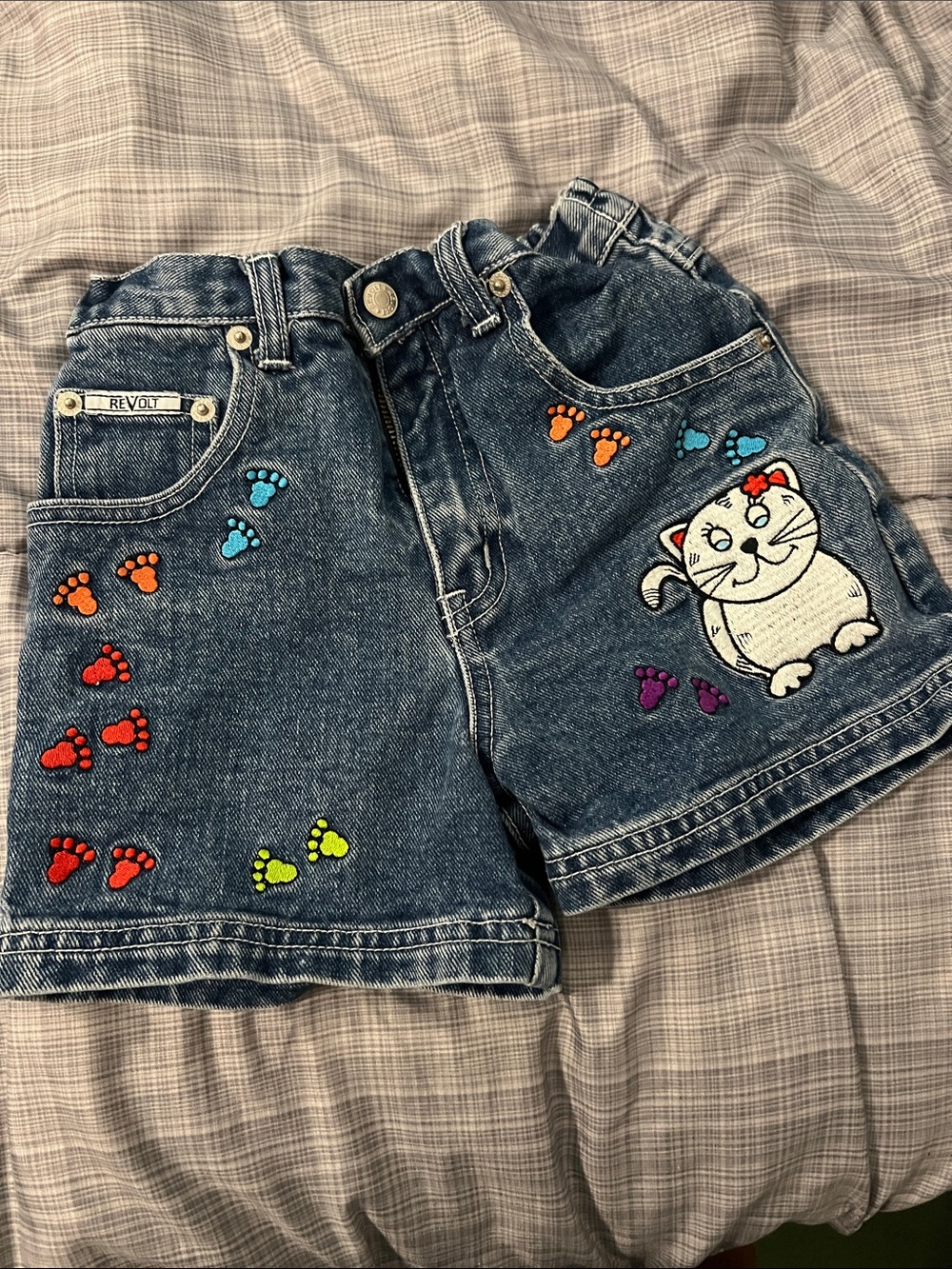 REVOLT Kids Denim Shorts with Cat Patch in Dark Blue